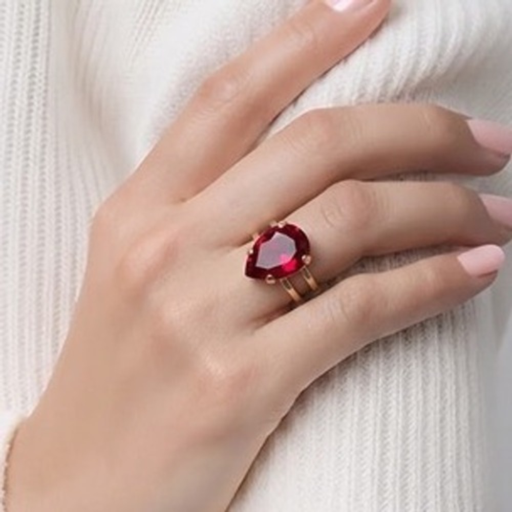 SIMULATED Ruby pear shaped 10x14 mm ring Gold Electroplated setting Adjustable